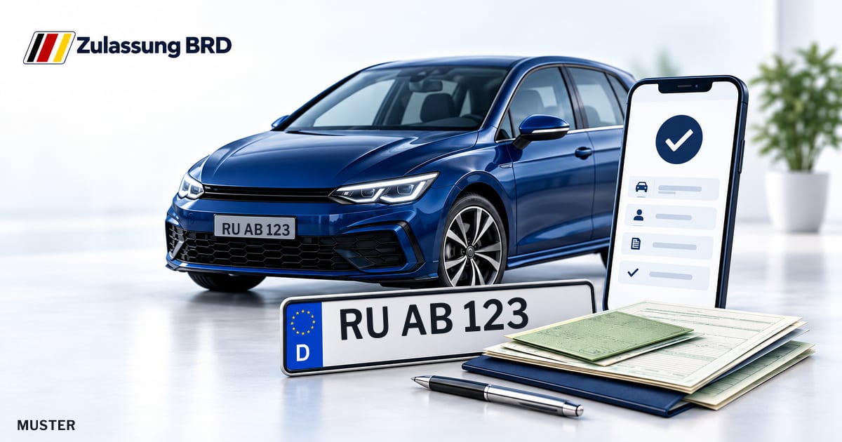 Online Fahrzeugzulassung in Saalfeld: Musterkennzeichen RU AB 123, Auto und Fahrzeugpapiere und Smartphone. Illustration mit Logo von Zulassung BRD.